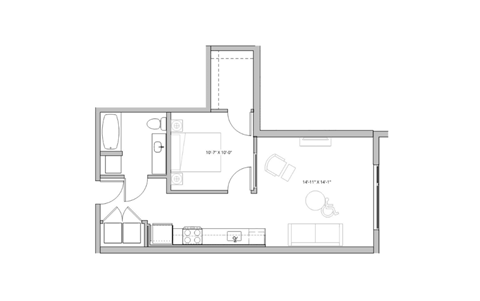 Floor plan for 1 bed, 1 bath, 650 sqft